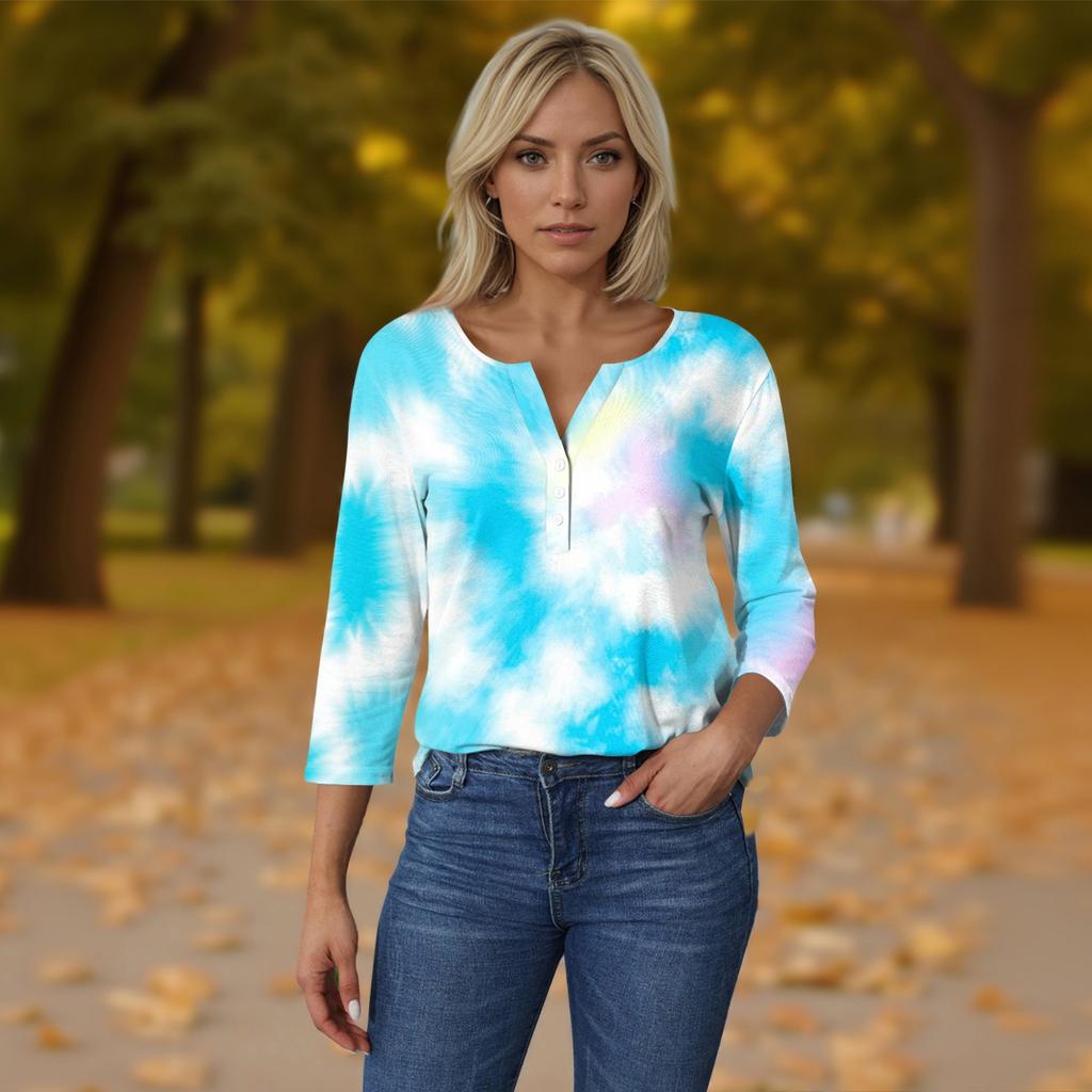 Women's T Shirt Tee Print Button 3/4 Sleeve Daily Weekend Fashion Basic V- Neck Regular Top