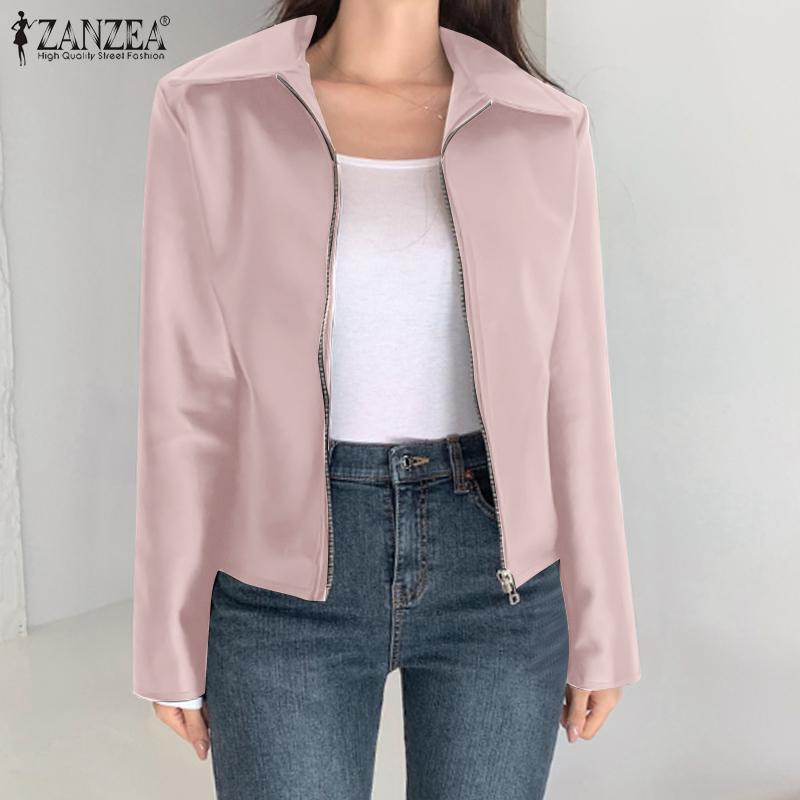 

ZANZEA Женская повседневная куртка из искусственной кожи на молнии с длинными рукавами и карманами