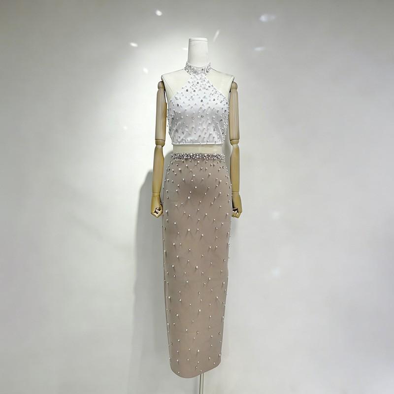 

Light Luxury Socialite Style Hanging Neck Backless Sleeveless Vest Skirt Diamond-encrusted Pearl Two-piece Women s Suit L білий