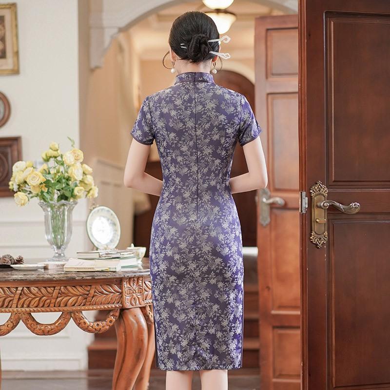 Womens Purple Brocade Qipao Dress Mid-Length Short Sleeve Retro Chinese Style Modern