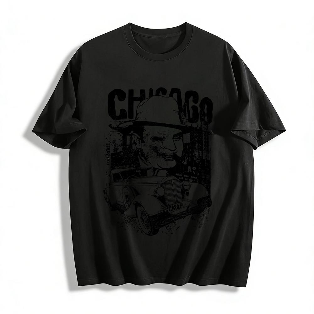 Vintage Chicago Gangster Classic Car Print Tee Retro Street Style Top Pure cotton T-shirt XXS