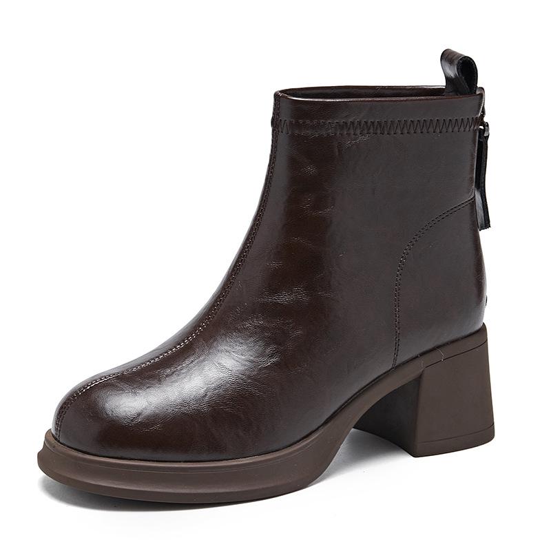 Fall/Winter Women's Thick-Soled Genuine Leather Skinny Boots, Korean-Style Back Zipper Martin Boots, Slip-On Casual Shoes