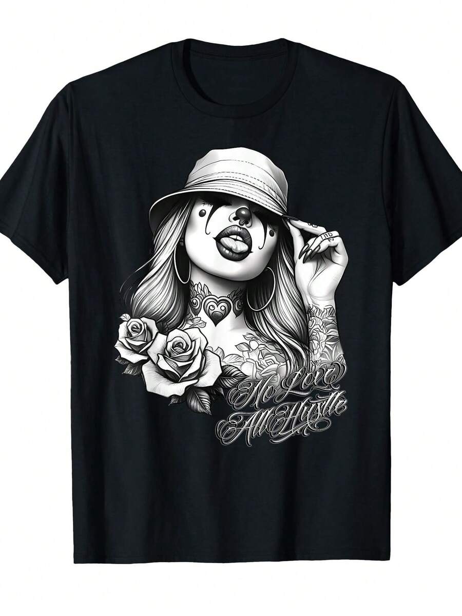 UnisexS Chicano Tattoo Graphic TShirt  White Streetwear Tee With Female Figure Roses  Hearts S