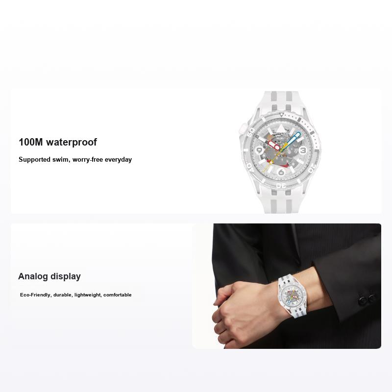 Swatch Scubaqua Series Quartz Movement 100 Meters Water Resistant Watch 44 Mm White Dial Ceramic Bio-Based Material Case Silicone Strap SSCU09K100 White Dial