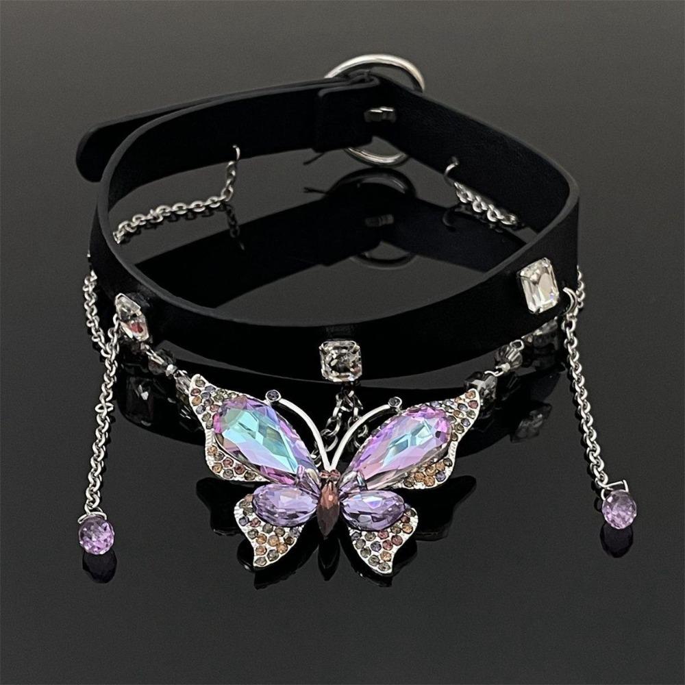Crystal Butterfly Pendant Necklace Belt Twined Gothic Metal Choker Sweet Women Accessory  Ladies