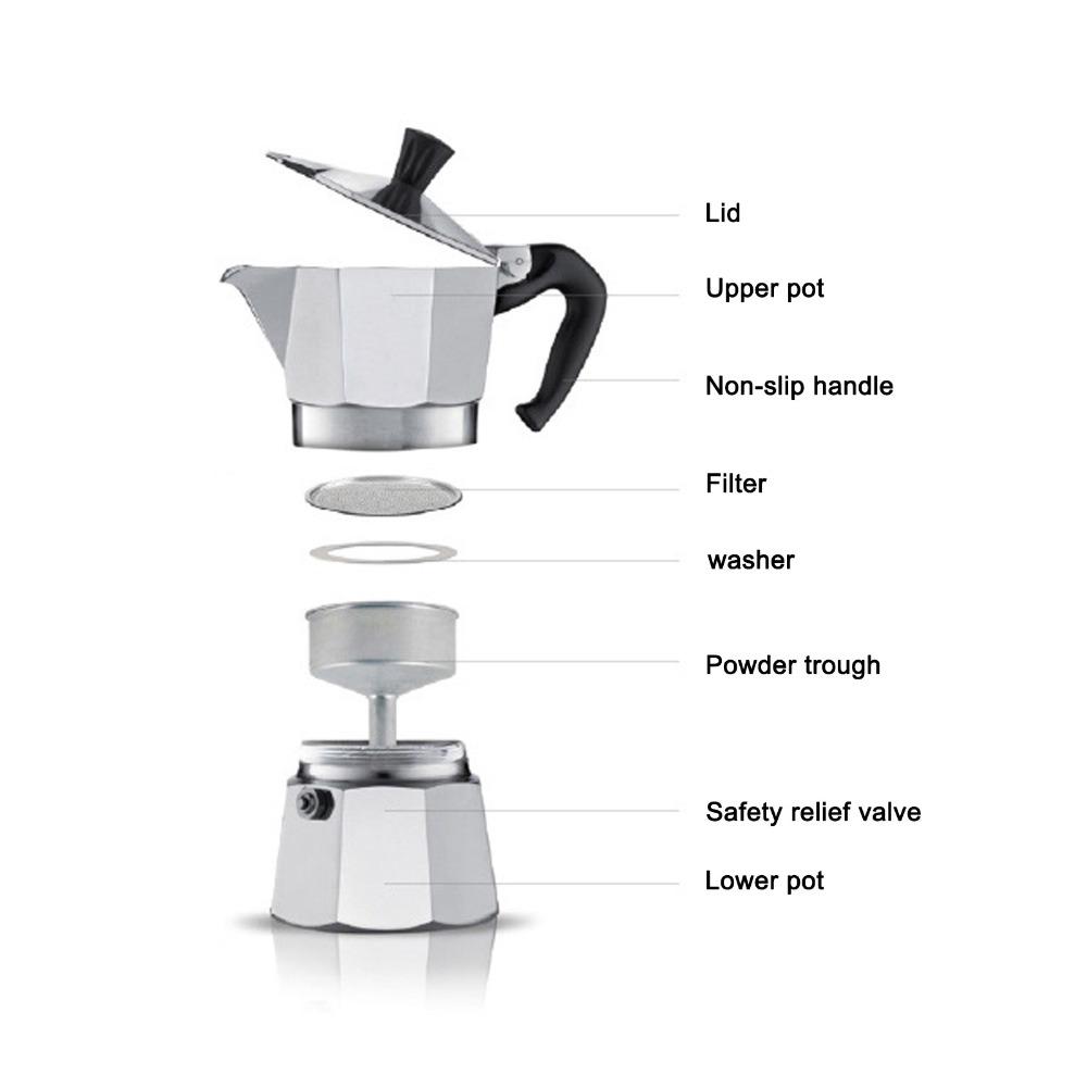 Durable Aluminium Stovetop Coffee Maker Octagonal 3 Cup Coffee Pot Portable 150ML Moka Pot Italian Coffee