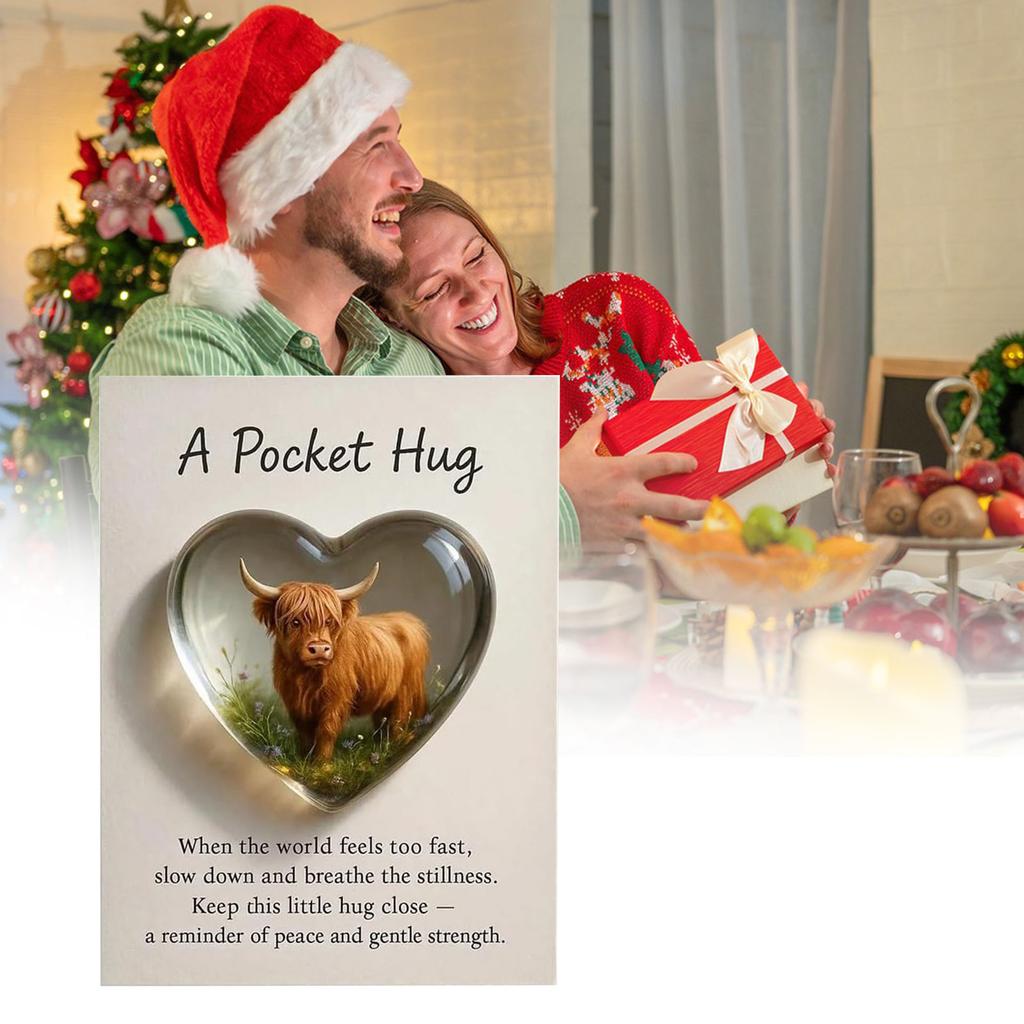 Pocket Hug Ornament Highland Cow Heart Acrylic Figure Christmas Gift Greeting Card Home Decoration Keepsake Birthday Decoration