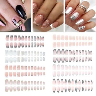 1 Set Wearable False Nails DIY Nail Art Kit with Glue & Nail File Press-on Nails Waterproof Gel Fake Nails Full Cover French Tips Artificial