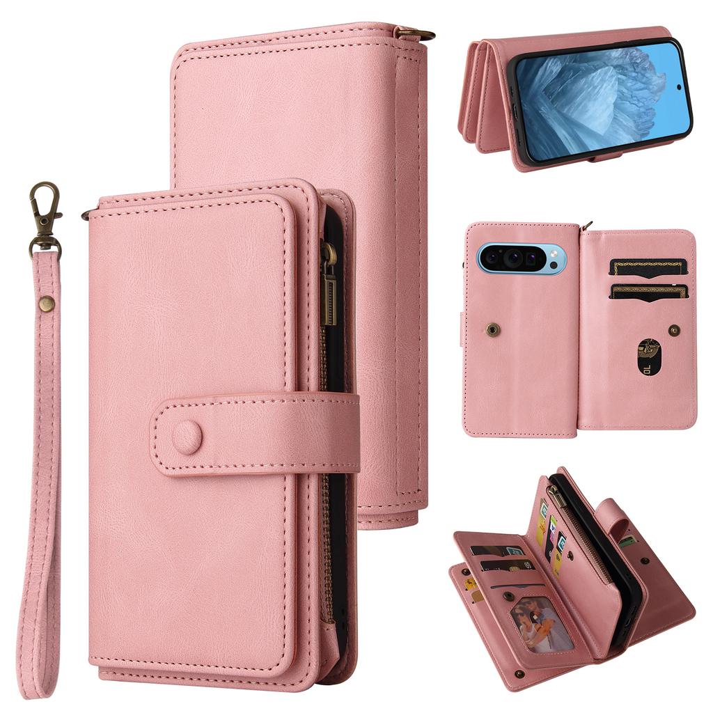 For Google Pixel 10 Pro/Google Pixel 9/Google Pixel 9 Pro/Google Pixel 10 Zipper Wallet Case with 15 Card Slots and Strap Leather Phone Cover