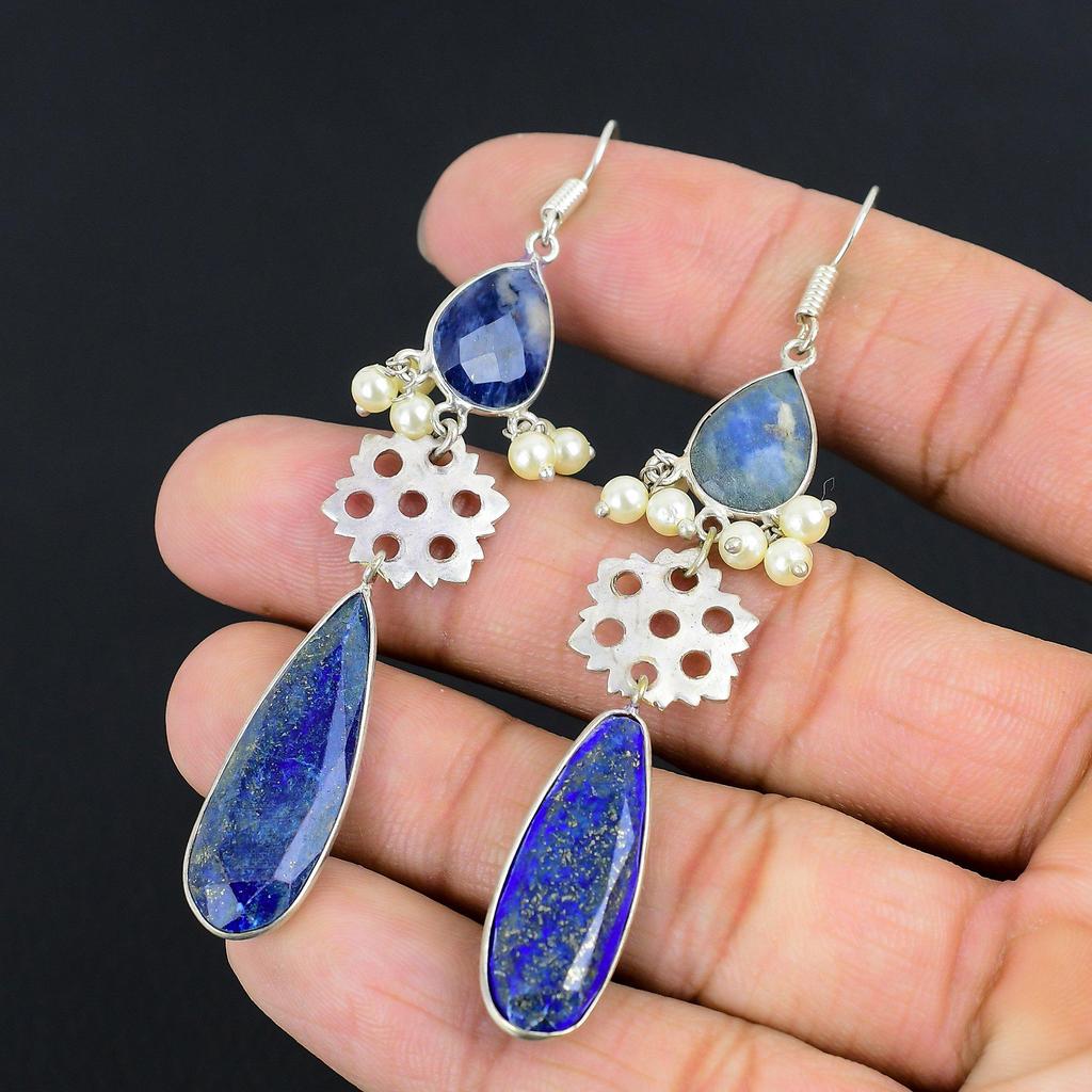 Sesterská ponuka Dňa 925 Sterlingového striebra Lapis Lazuli Kameň Etnické visacie náušnice