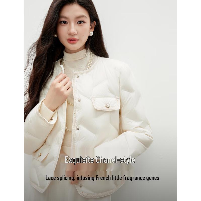 

Qiusbiyiren Women s Elegant Round Neck Lace Splice Down Jacket M