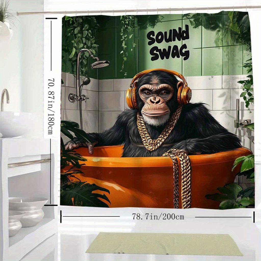 1Pc Sound Swag Gorilla In Bathtub Shower Curtain - Polyester Bathroom Decor With 12 Hooks, Machine Washable, Vibrant Jungle Desi