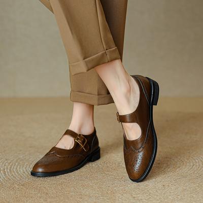 Autumn Women Pumps Natural Leather Plus Cowhide Pigskin Full Leather Mary Jane Shoes Block Carving