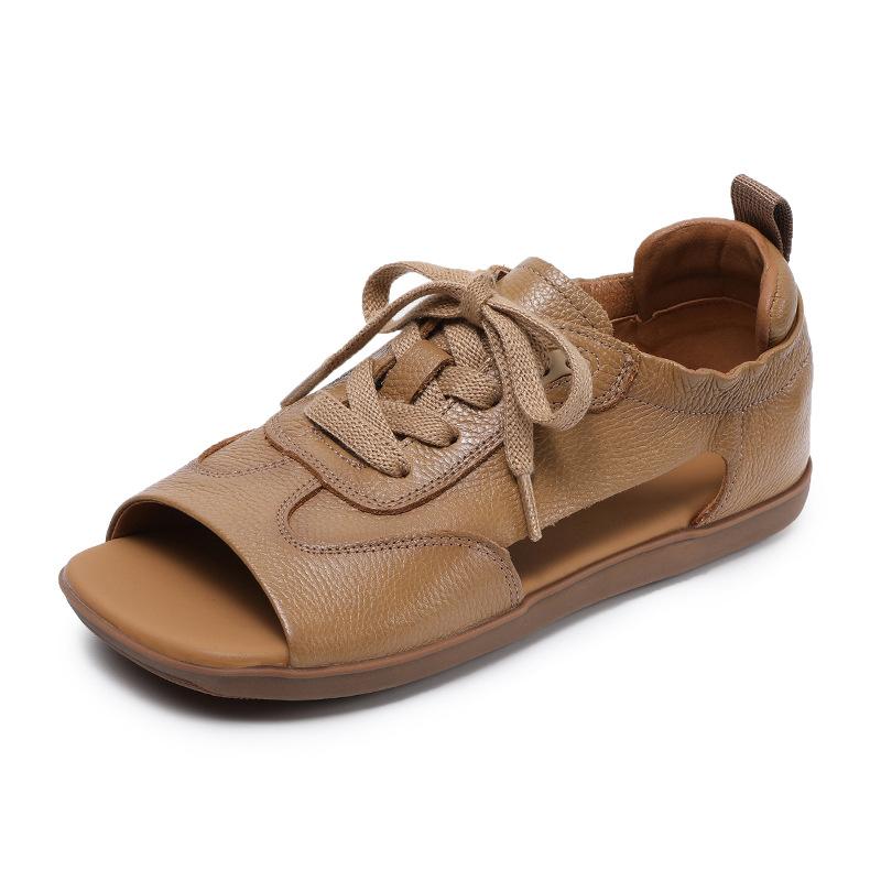 Johnature Sandalias Peep Toe de Cuero Genuino Retro de Suela Plana con Cordones Zapatos de Mujer de Suela Blanda