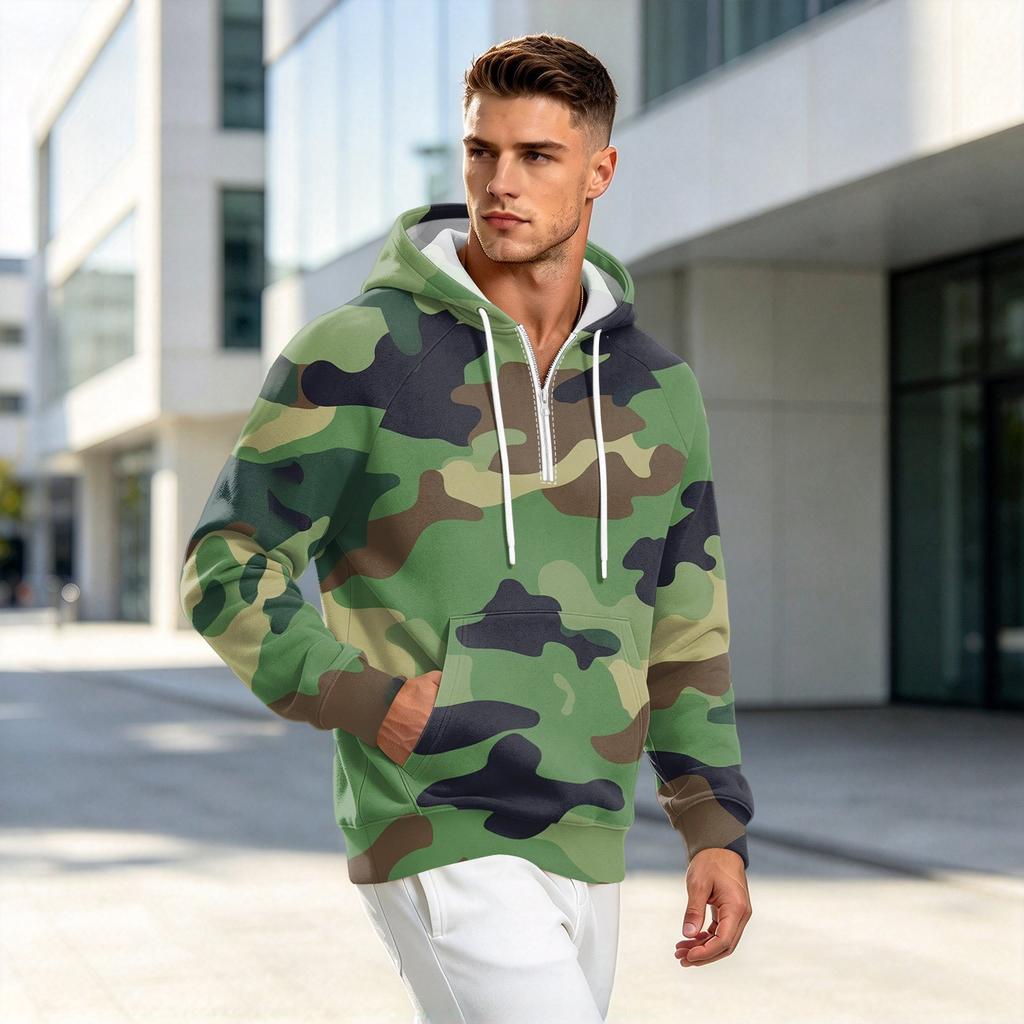 Men's Camouflage Print Zip-Up Hoodie, Casual Loose Fit Long Sleeve Hooded Sweatshirt for Fall Winter
