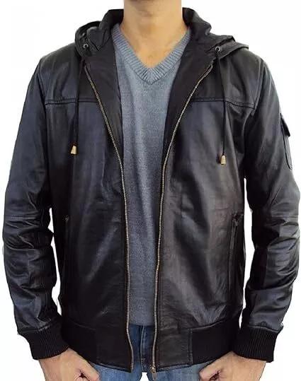 Hoodie Stylish Festive Black Handmade Men Halloween Lambskin Leather Motorcycle Jacket