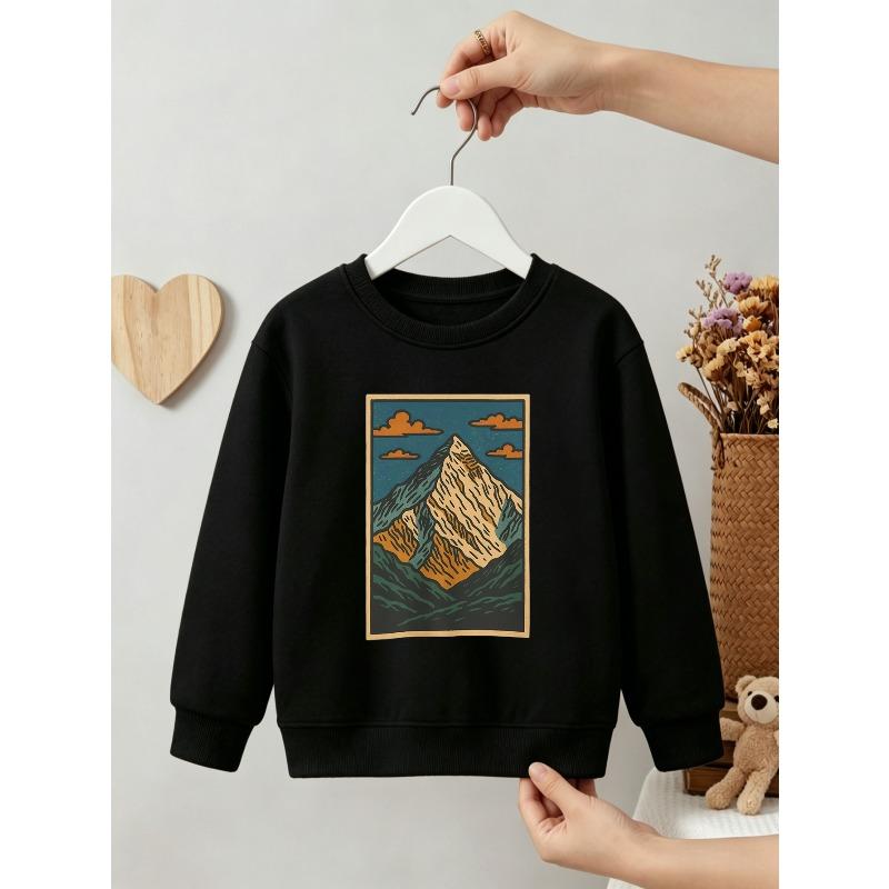 Kids Unisex Crewneck Sweatshirt, Vintage Woodcut Mountain Peak Landscape Print Light Gray Soft Fleece Pullover 110