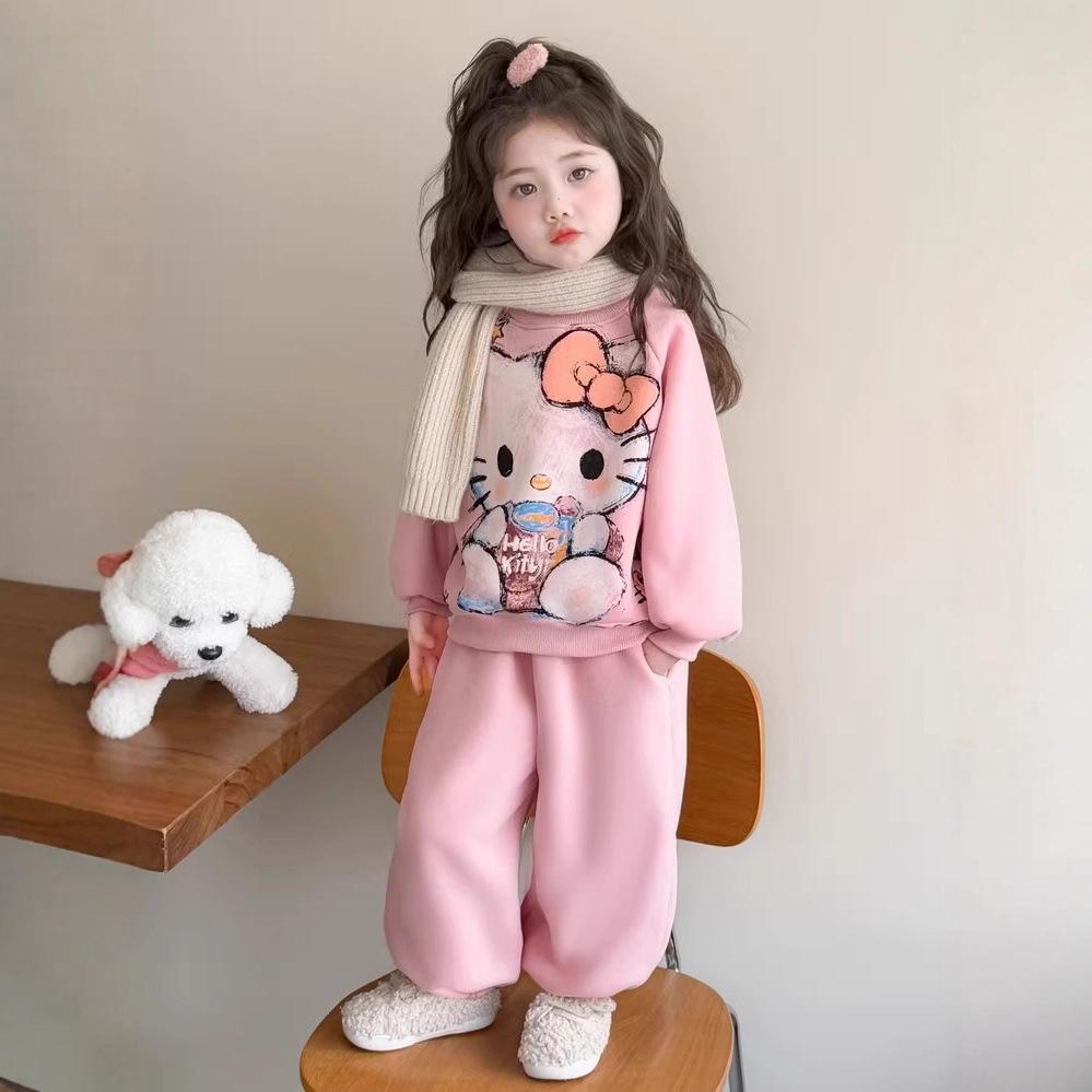 Uroczy dziewczęcy komplet pluszowej bluzy z kapturem i spodni z nadrukiem kota KT - Jesień/Zima Styl koreański, Ciepły dwuczęściowy
