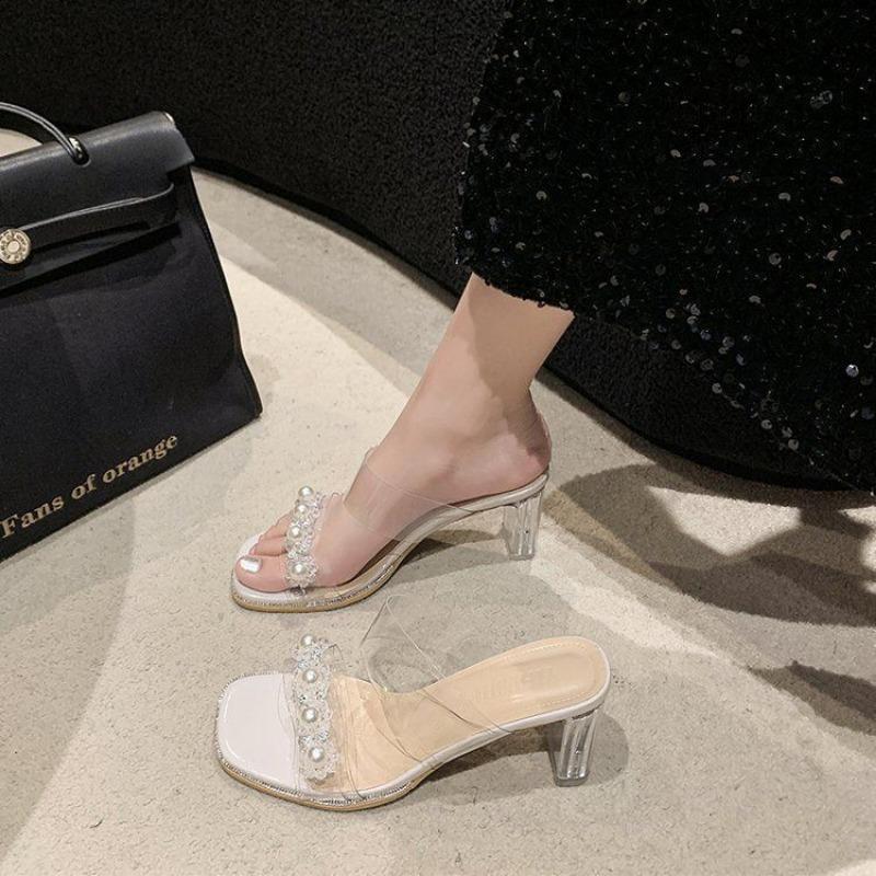 Pearl transparent word with thick heel crystal sandals high heel slippers women's summer wear new