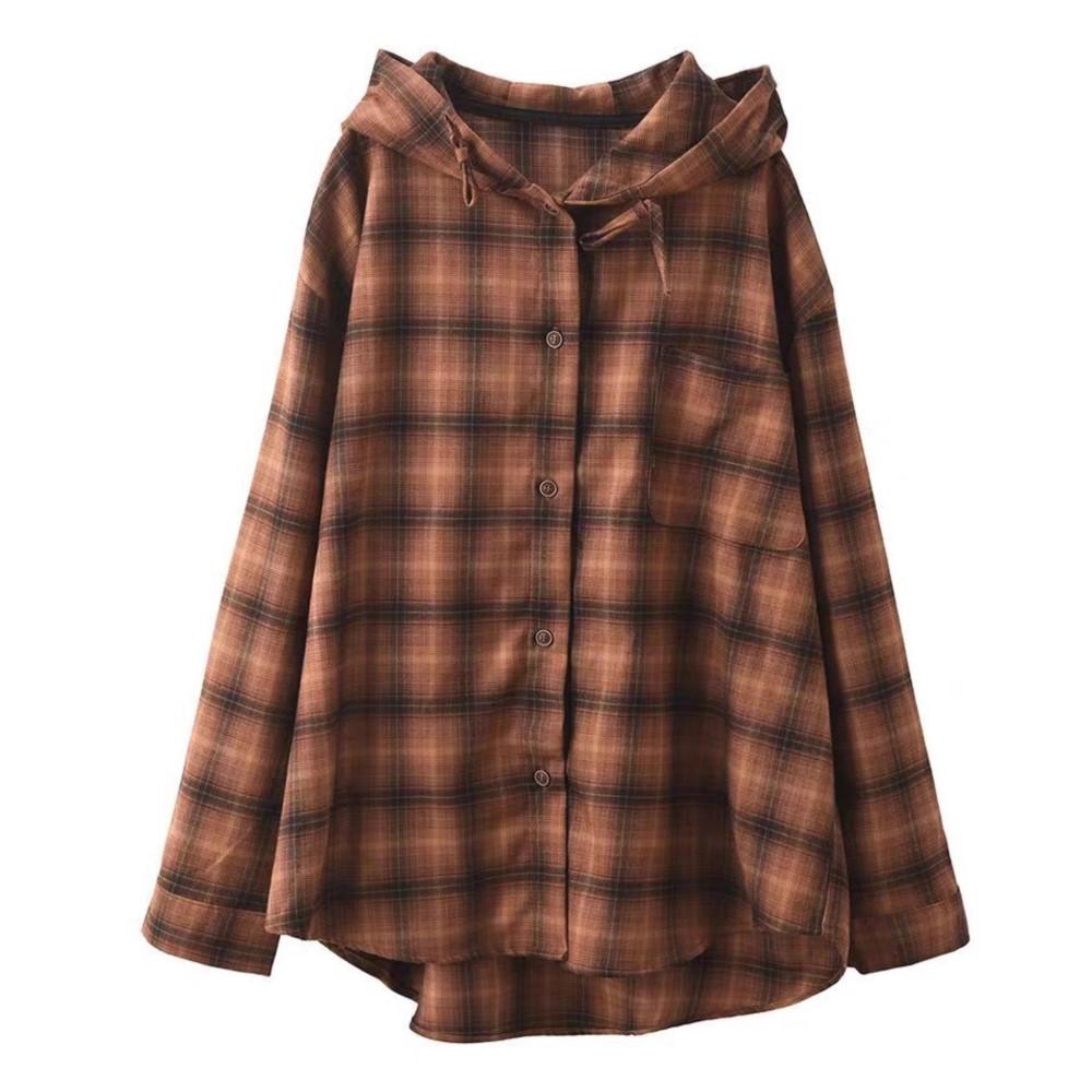 Johnature Women Vintage Plaid Shirts Hooded Autumn Blouses Button Long Sleeve Loose Cotton Soft Female Casual Shirts
