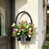 Spring Summer Tulip Basket Wreath for Front Door Artificial Floral Door Hanging Wreath with Woven Basket for Farmhouse Home Wall Door