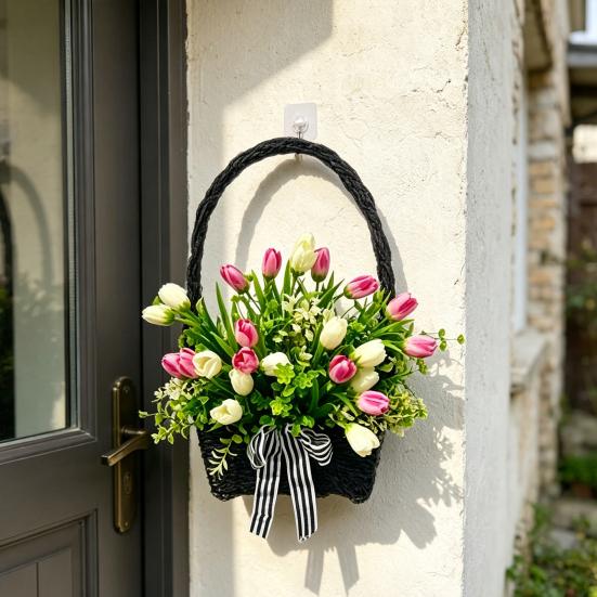 Spring Summer Tulip Basket Wreath for Front Door Artificial Floral Door Hanging Wreath with Woven Basket for Farmhouse Home Wall Door