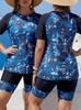 Plus Size Women's Sun Protection Two-Piece Swimsuit with Coconut Tree Print and Half Sleeve Vest