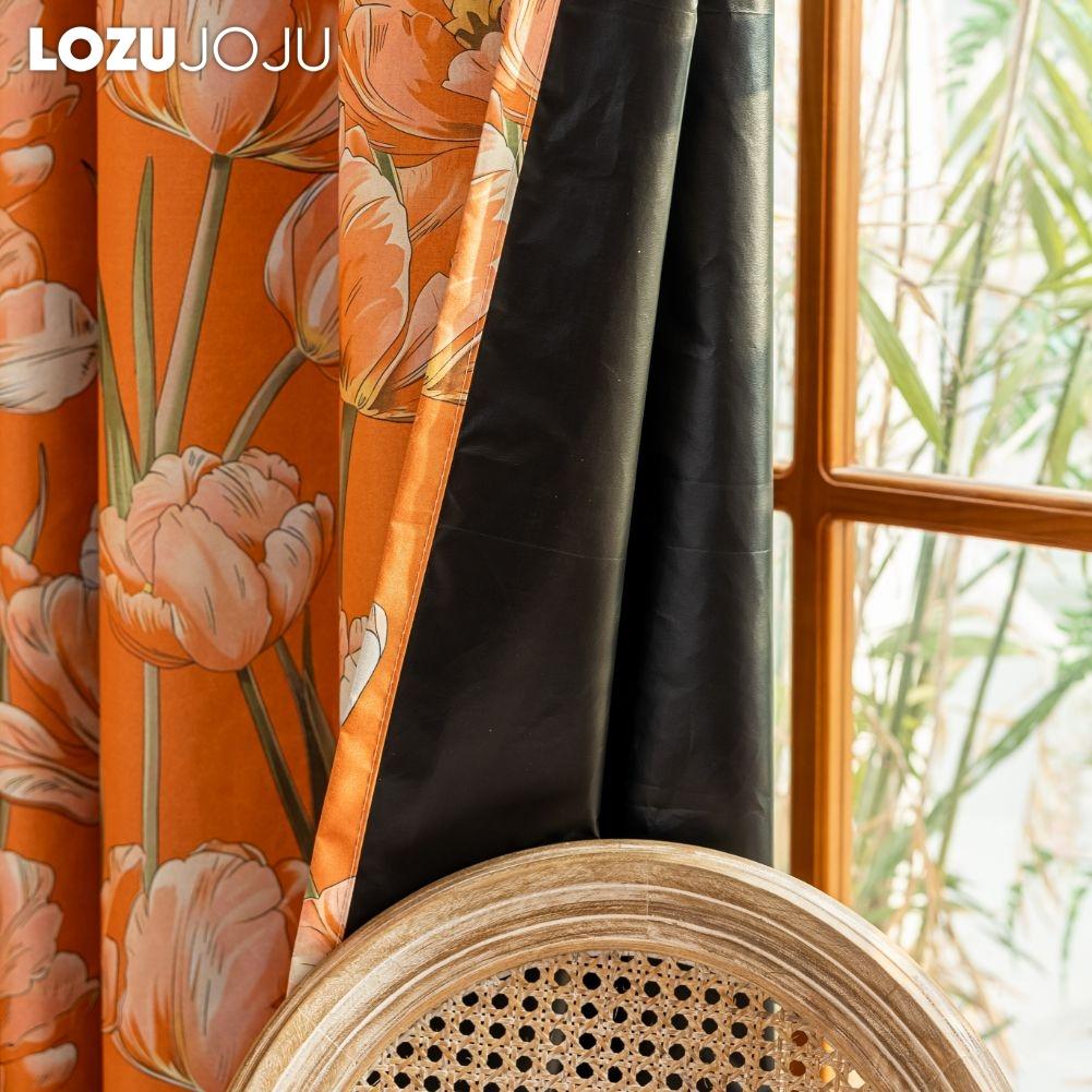 1PC LOZUJOJU European Style Orange Tulip Printed Curtains Fully Blackout Curtain for Bedroom Living Room Balcony Window for Home Decor