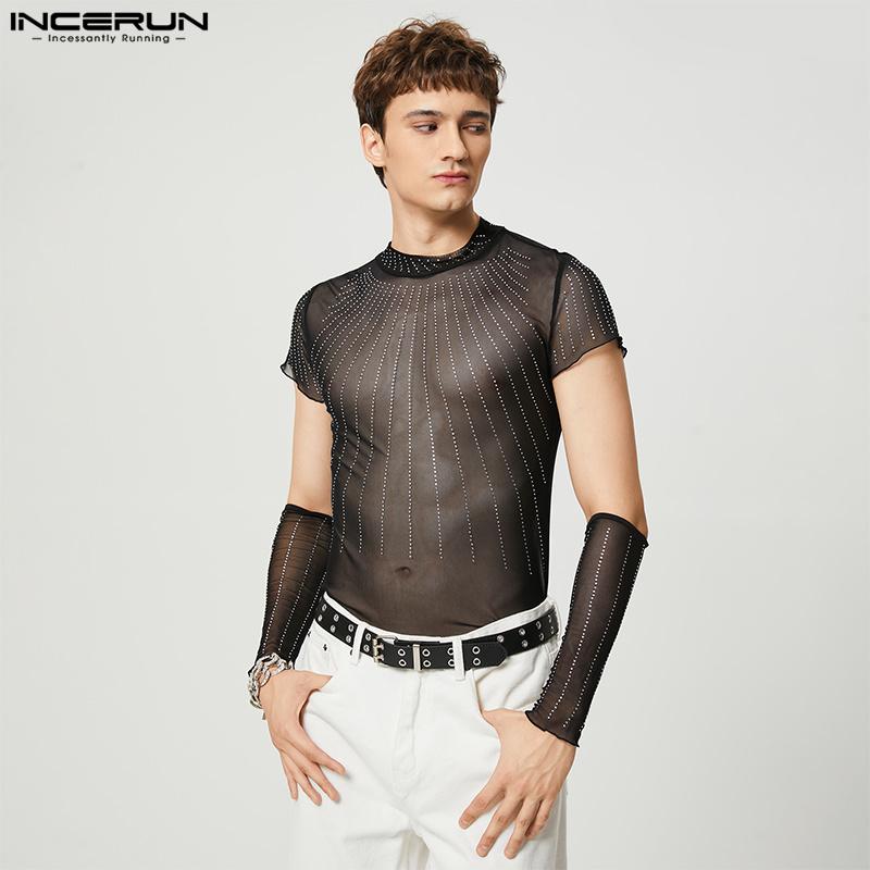 

INCERUN S-5XL летние мужские прозрачные сетчатые рубашки с коротким рукавом, прозрачные нарукавники с высоким воротником, необычные футболки