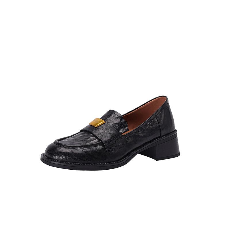 Spot Lightning Hair~ Gold Buckle Round Head Heightening Loafers 2025 Spring and Summer Retro Sheepskin Thick Heel Single Shoes Main Push