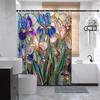 Stained Glass Iris Flowers Shower Curtain - Polyester, Purple Pink Blue Blooms, Golden Accents & Gem Beads,  Fashion Bath Decor