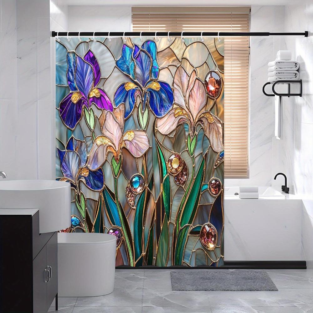 Stained Glass Iris Flowers Shower Curtain - Polyester, Purple Pink Blue Blooms, Golden Accents & Gem Beads,  Fashion Bath Decor