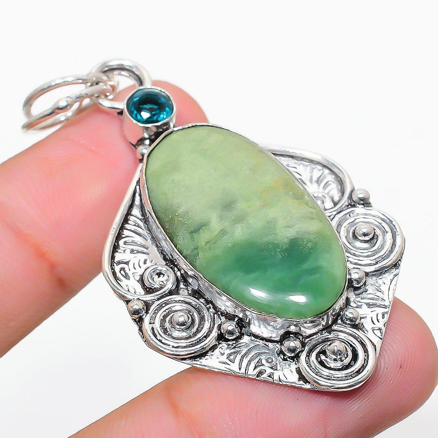 

Подвеска из стерлингового серебра 925 пробы с натуральным хризопразом и голубым топазом 2,29 дюйма a9k34
