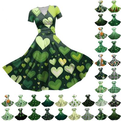 Damen V-Ausschnitt St. Patrick's Day bedrucktes, tailliertes, gerafftes Kurzarmkleid