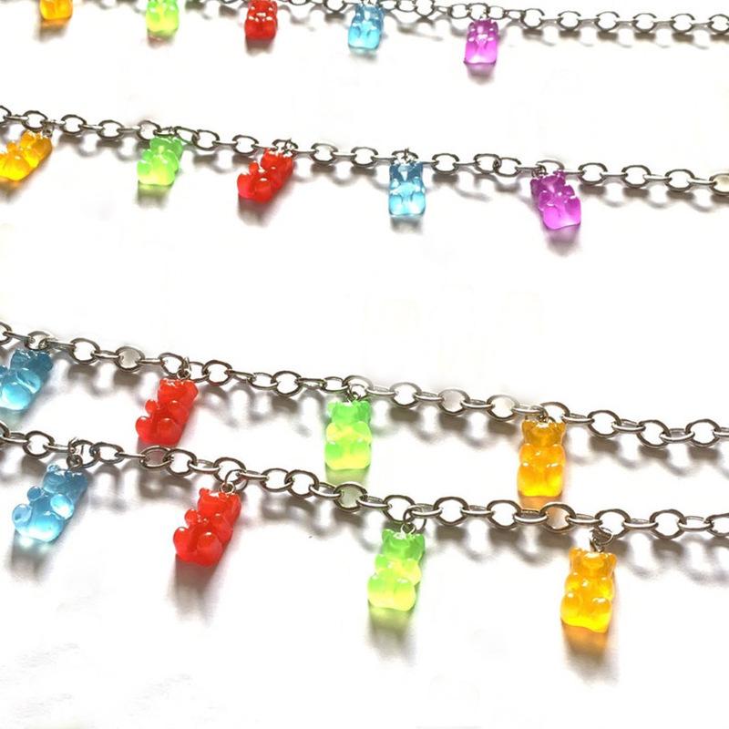 Y2K Rainbow Bear Chunky Chain Necklace - Colorful Resin Pendant for Spicy Sweet Girls