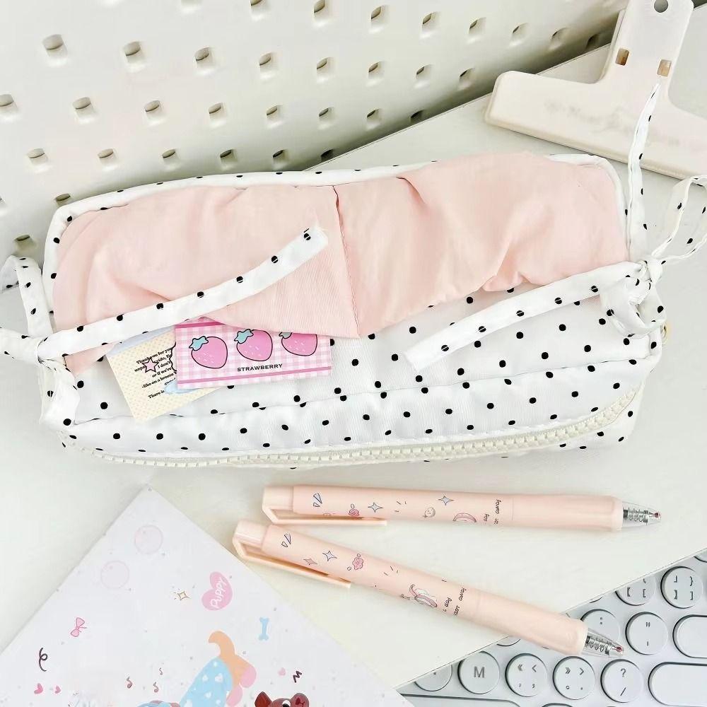 White With Pink Student Pencil Box Simple and Niche Bow Pencil Case Makeup Storage Bags