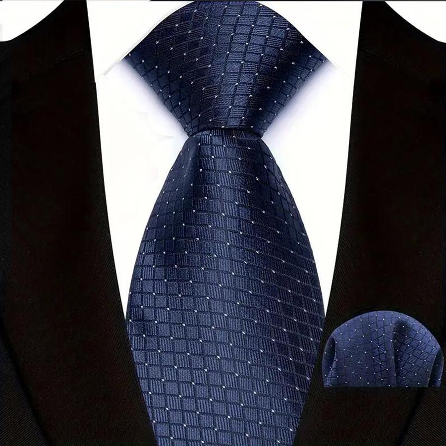 Classic Mens 8cm Tie Set Navy Polka Dot Stripes Tie For Men Wedding Business Party Fashion Design Quality Hanky Necktie Set