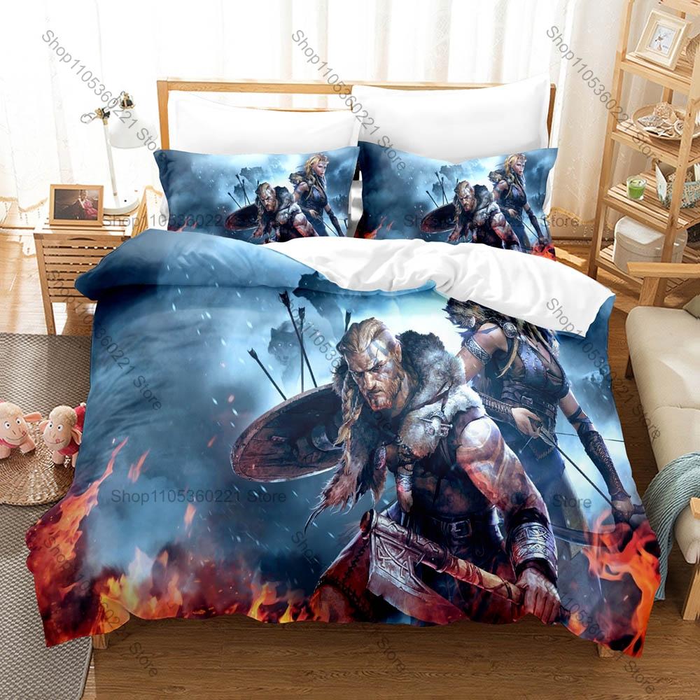 Nordic Art Bedding Set 3Pcs Vigvisir Fantasy Viking Pattern Modern Stylish Bedroom Ornament Vivid Print Cozy Microfiber Bedding