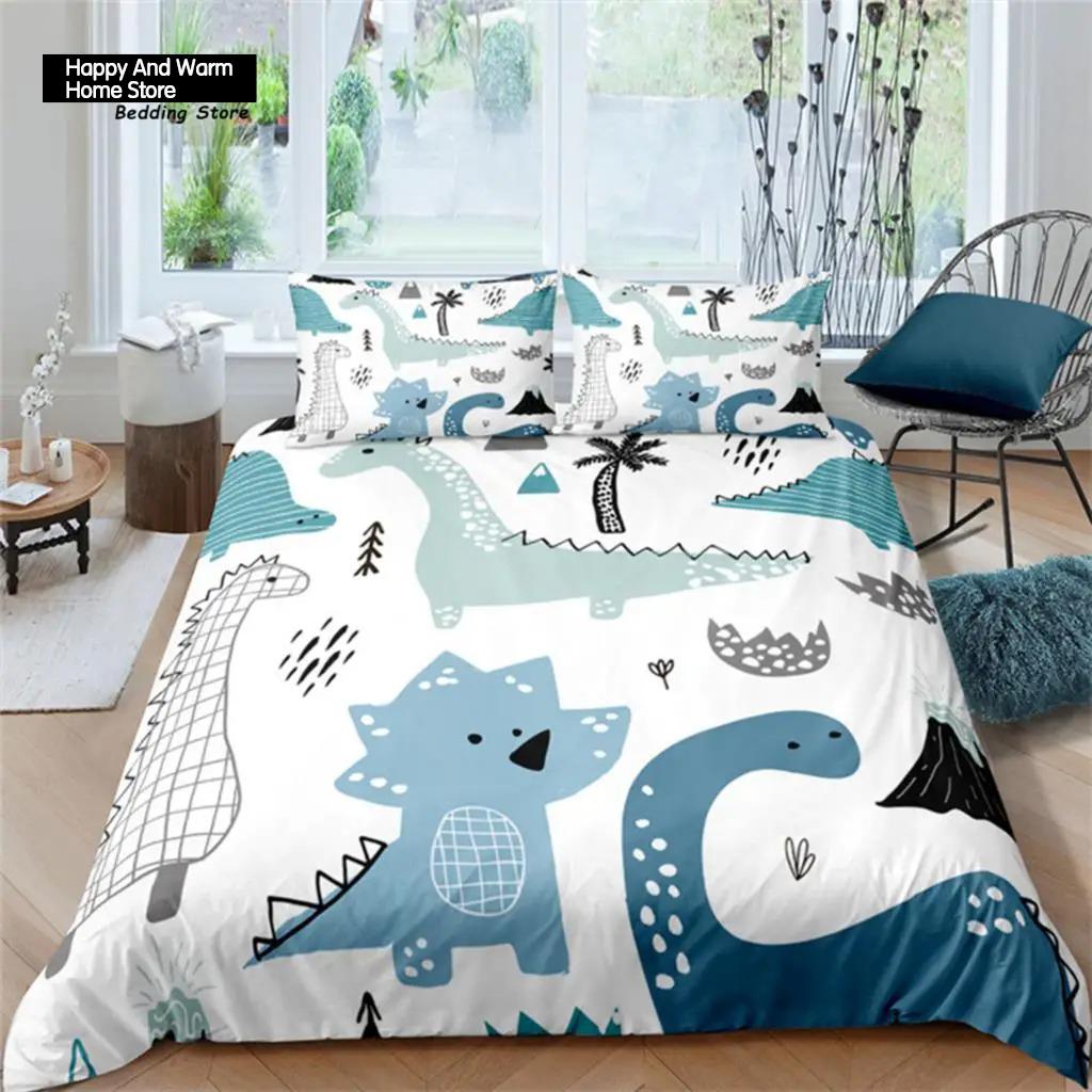 Cartoon Dinosaur Toddler Bedding Set Cartoon Animals Duvet Cover Microfiber Quilt Cover With Pillowcases For Boys Girl Teen