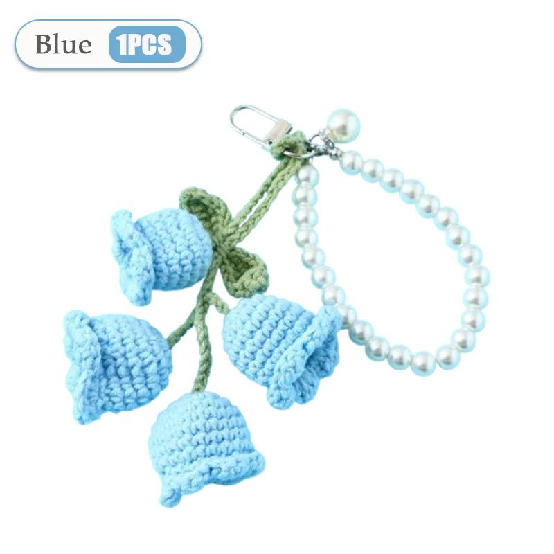 1-20PCS Creative Wool Crocheted Bolling Orchid Key Ring Ins Cute Girl Pearl Chain Key Chain Handmade Knitted Bag Pendant Gifts