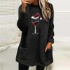 Women's Christmas Wine Glass Print Double-Sided Fleece Long Sleeve Pocket Hoodie