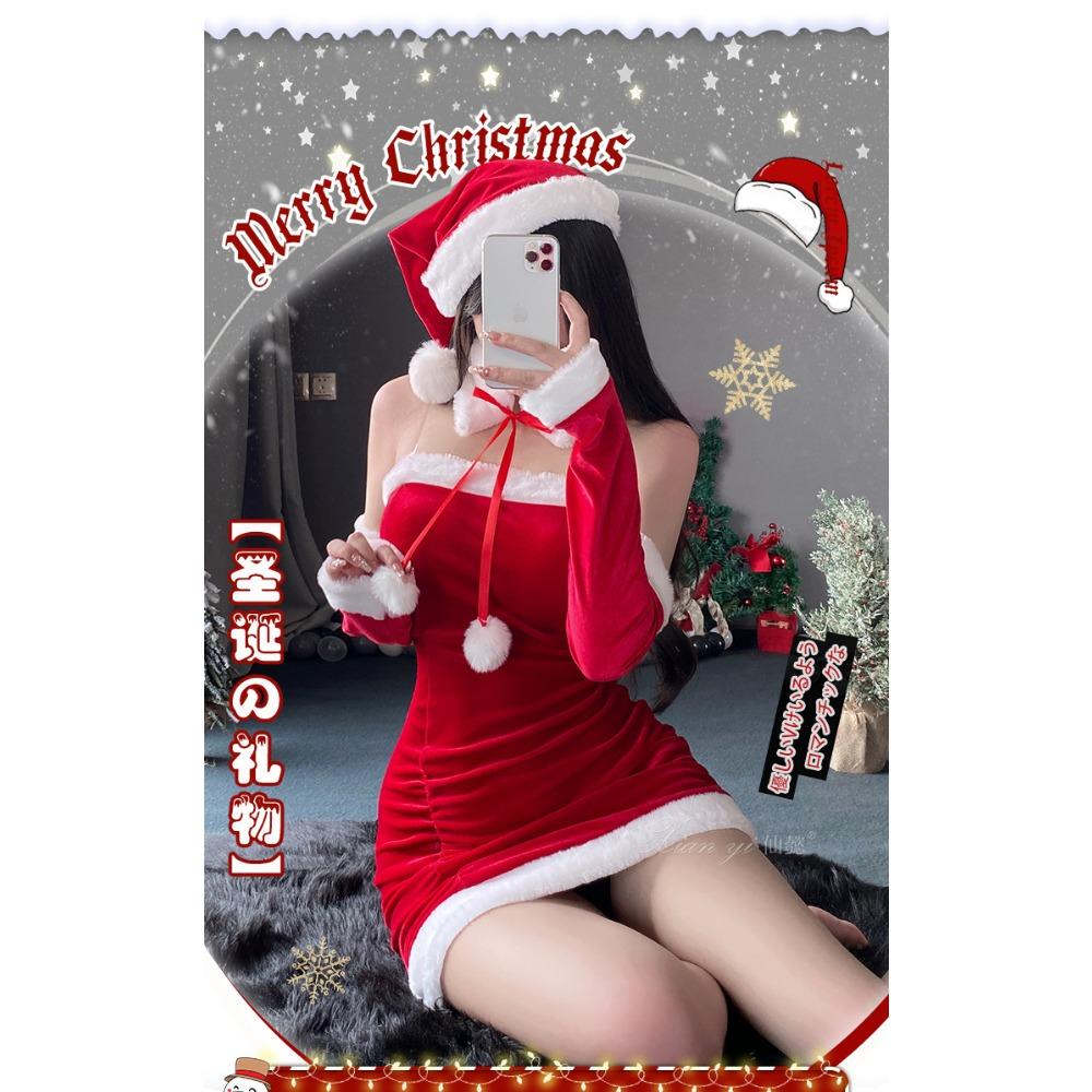 Xianyi Christmas Dress Slim Tube Top Dress Velvet Sexy Live Streaming Host Set Cosplay New Year Performance Suit S24