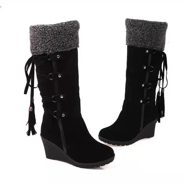 Autumn and winter new large size rear lace-up fringed high boots sleeve slope heel snow boots