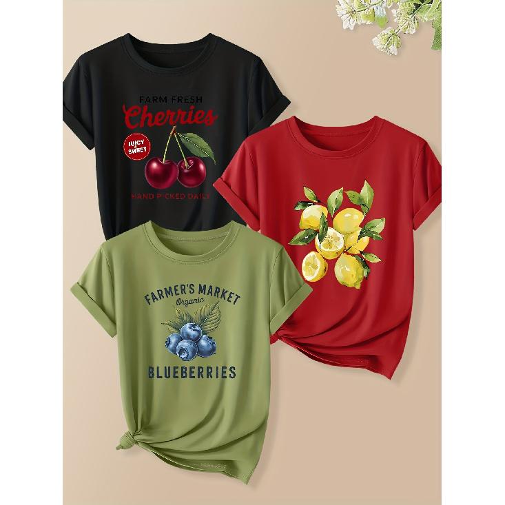 3Pcs Women Short Sleeve T Shirt Set Natural Plant Fruit And Letter Print Retro Round Neck Cute Fashion Tops