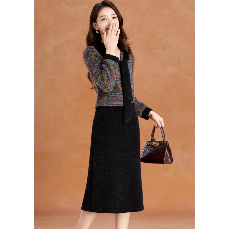 Ke Bei Er Faux Mink Patchwork Color-Block Scarf Collar A-Line Dress