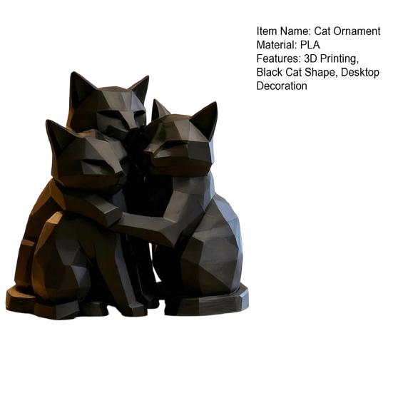 Artistic Cat Sculpture 3D Printed Black Figurine, Three Hugging Geometric Statue, Durable Ornament Modern Animal Shape for Home Office Bookshelf