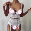 Women Sexy Lace Underwear V-neck Chest Pad Bra Thong Bow Garter Lingerie Set
