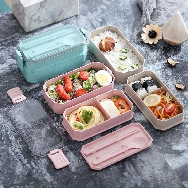 1pcs Wheat Straw Double Lunch Box Student Lunch Box Cutlery Set Insulation Lunch Box Meal Prep Containers  Lunch Box for Office