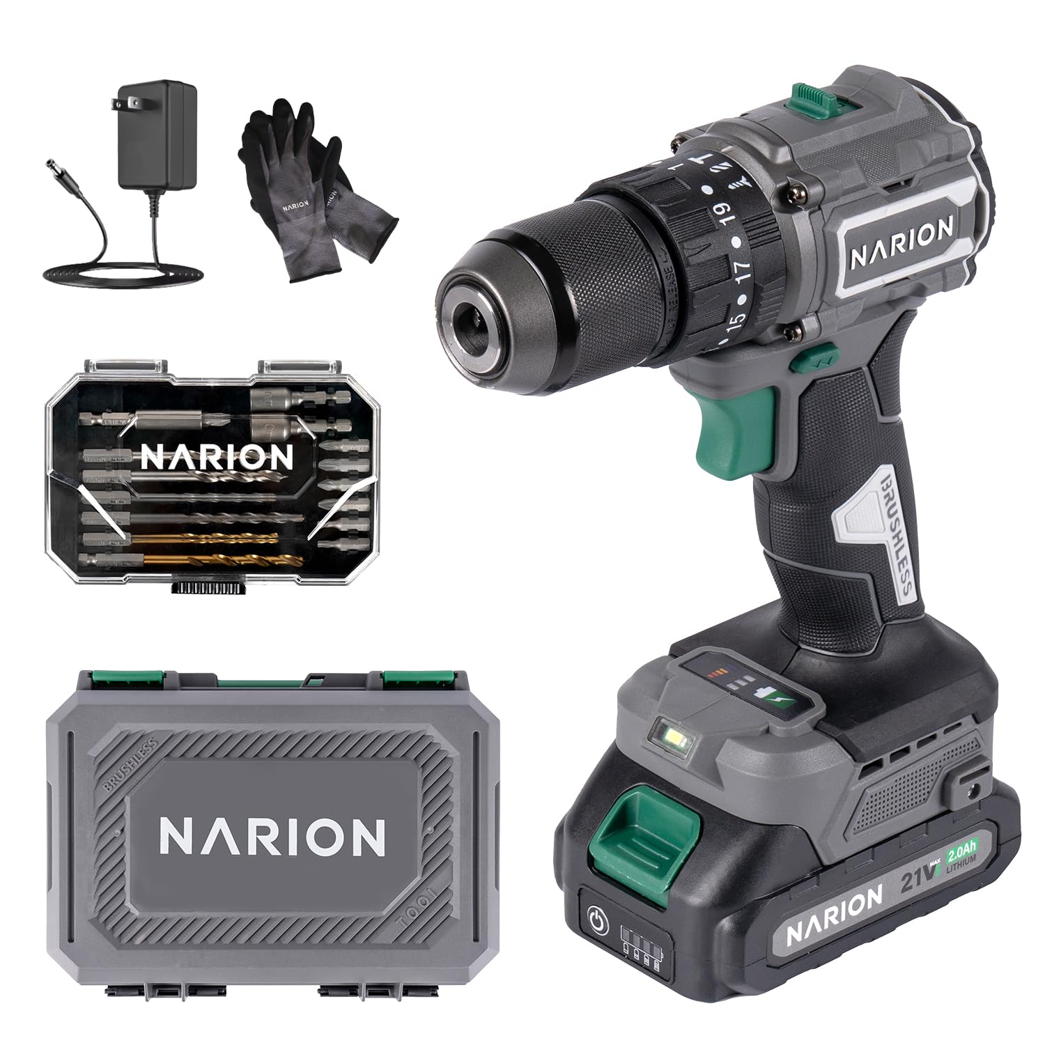 

Аккумуляторная вибрационная дрель-шуруповерт NARION 21V с максимальным крутящим моментом 65 Н·м и набором бит 2 А·ч 1 (Включает бит)