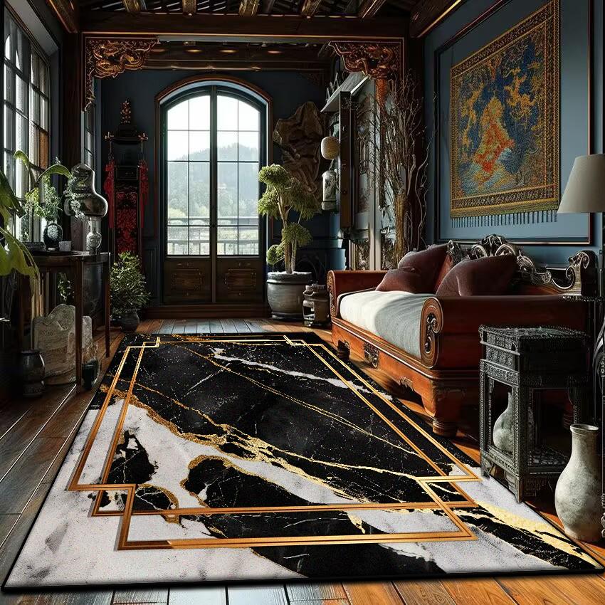 Modern Golden Frame Marble Carpet Luxury Lounge Rug Large Area Living Room Sofa Decoration Rug Bedroom Decor Bedside Floor Mat